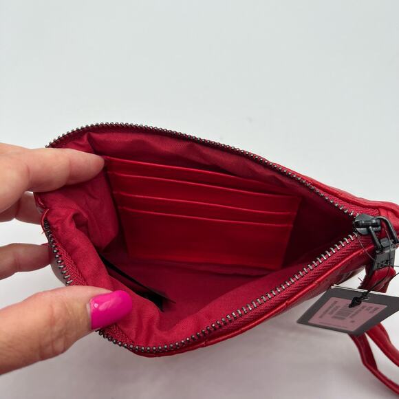 Badgley Mischka Vegan Leather Card Holder Wallet Wristlet Red Quilted Zips NWT - Picture 5 of 7